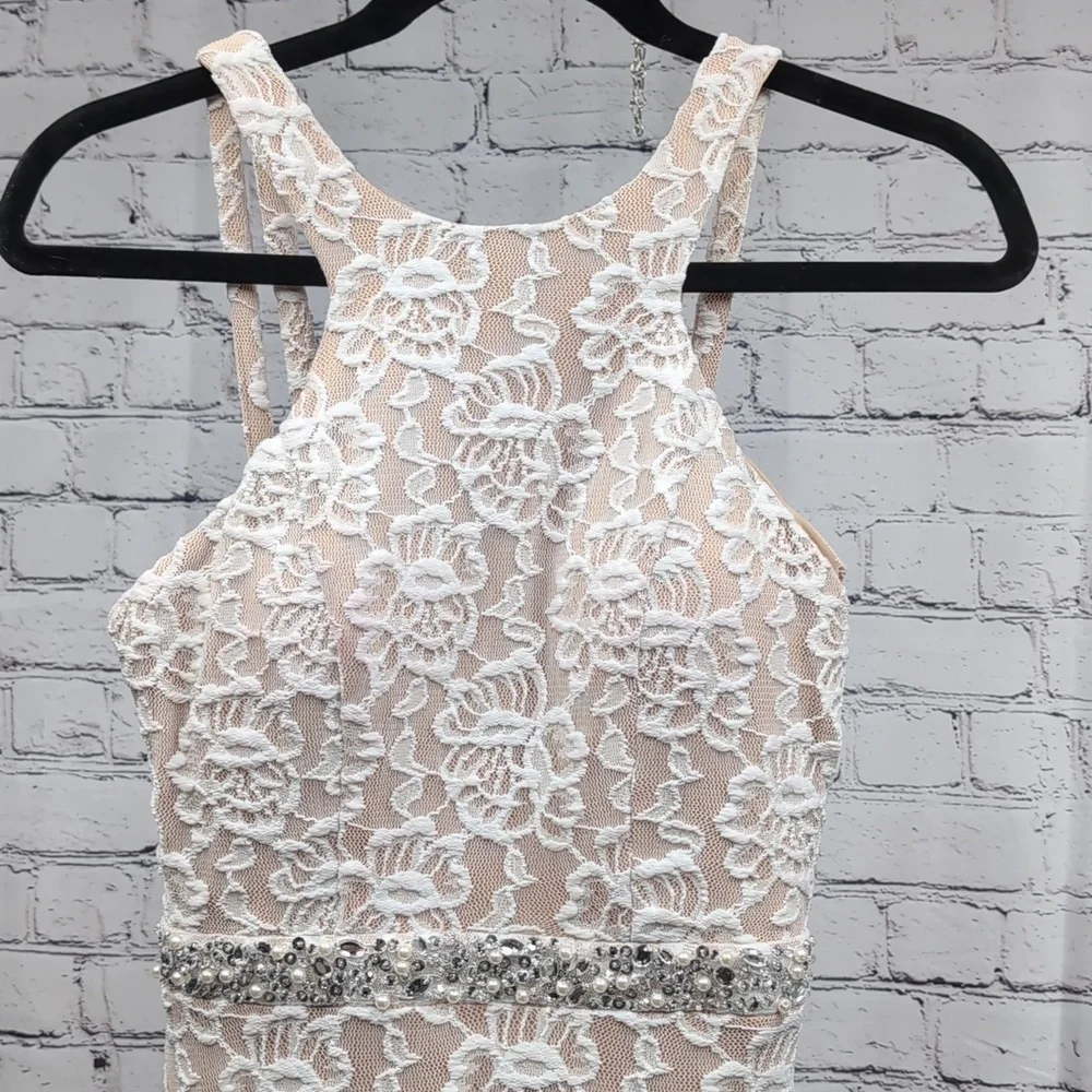 Long Lace Dress with Cutaway Bodice and Slit Skirt - Picture 2 of 14